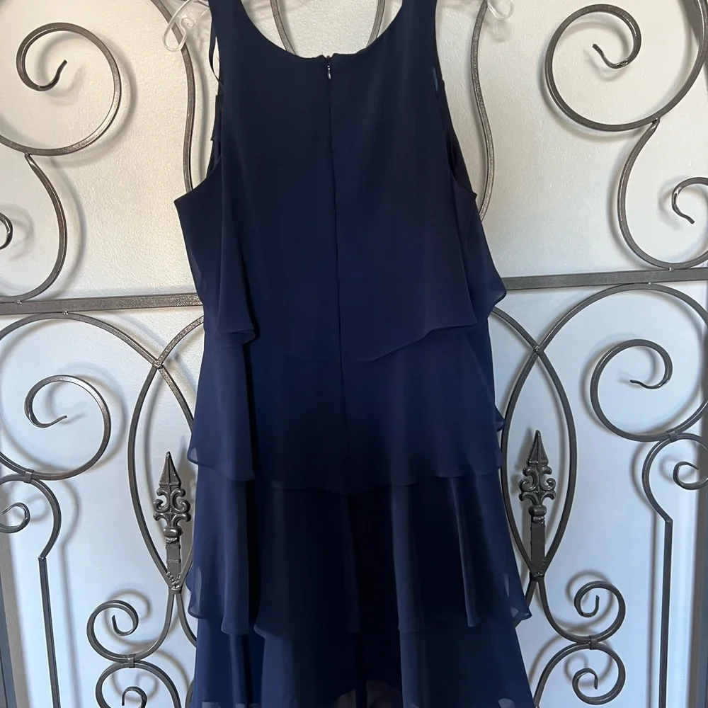 S.L. Fashions navy sleeveless, tiered dress with beading, size 14. - Picture 7 of 8